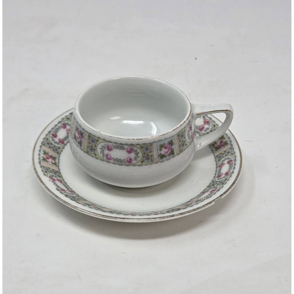 Antique KPM Germany Porcelain Demitasse Cup Saucer Rose Garland‎ 1900s Krister